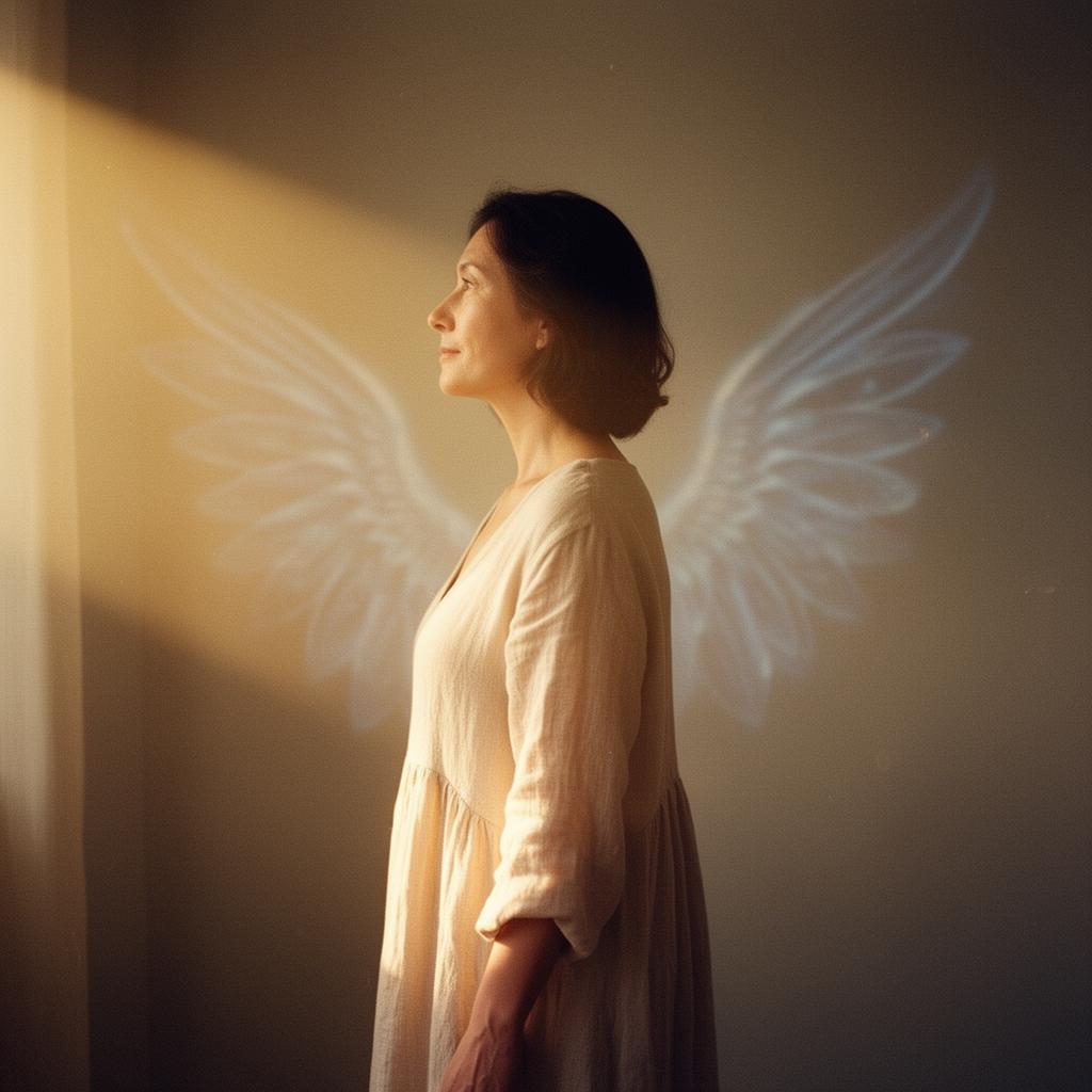 Woman standing in golden light with wing-shaped light behind her